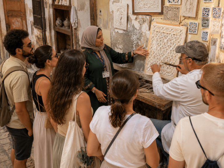 Marrakech : atelier de plâtre sculpté et médersa Ben Youssef